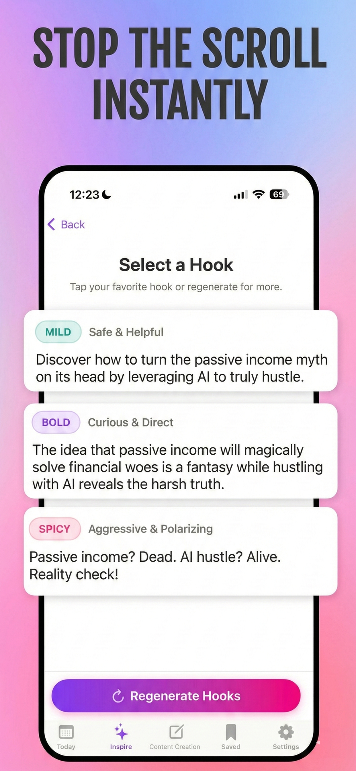 Hook selection interface - Choose your intensity: Mild, Bold, or Spicy hooks