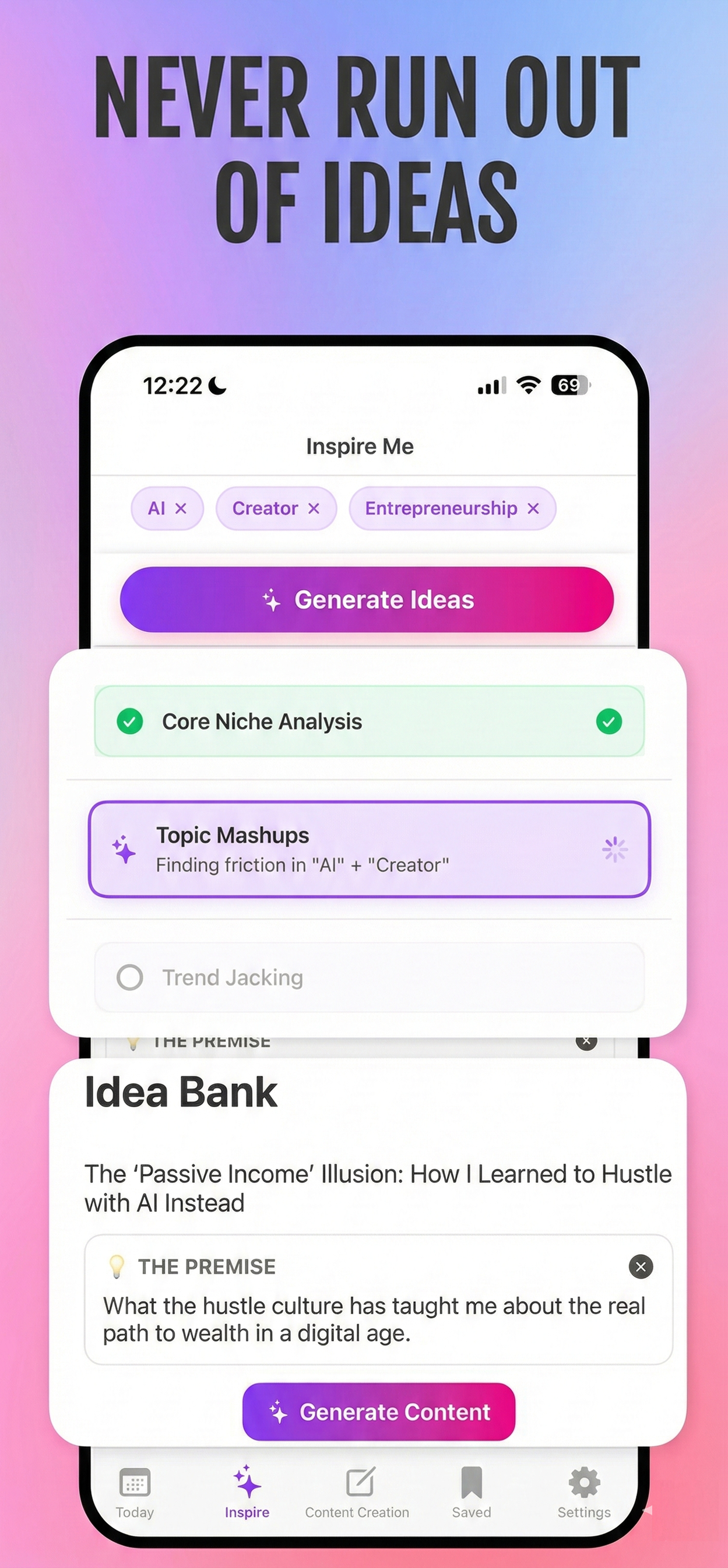 Inspire Me / Topic Mashups interface showing AI-generated content ideas