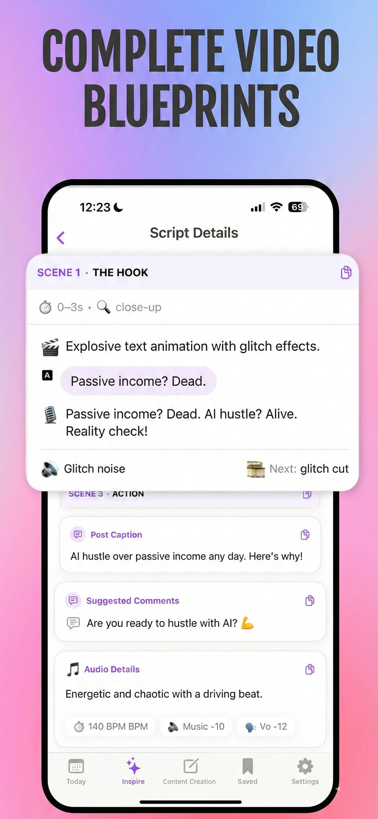 Script Details interface - Shot lists, camera angles, and visual cues