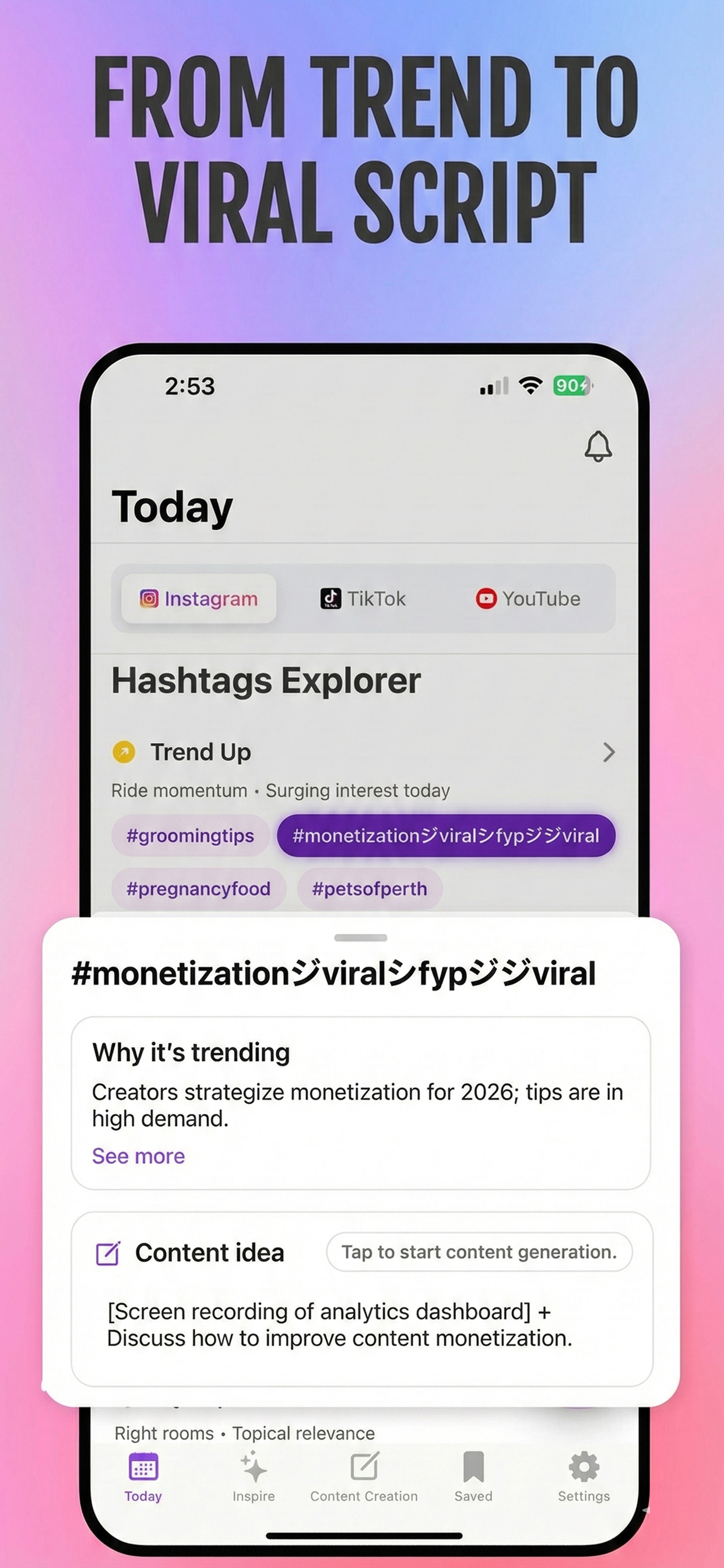 CreatorAI Today interface showing posting windows and hashtags